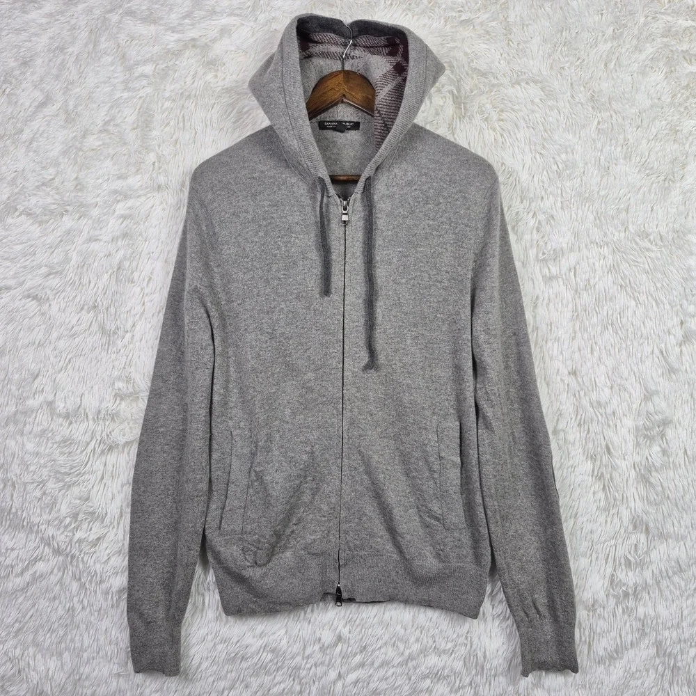 Banana Republic Mens Merino Wool Blend Full Zip Hoodie Gray Elbow Patch Medium